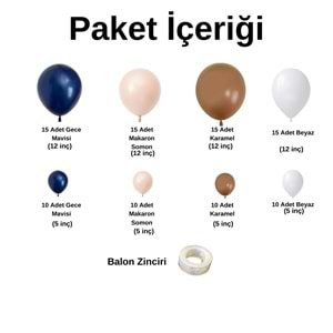 Balon Seti Gece Mavisi-Beyaz-Karamel-Makaron-Somon 100 Lü Balon Zinciri Seti