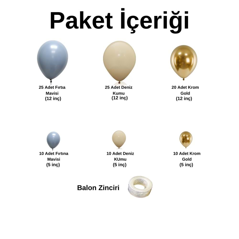 Balon Seti Fırtına Mavisi-Deniz Kumu-Krom Gold 100 Lü Balon Zinciri Seti