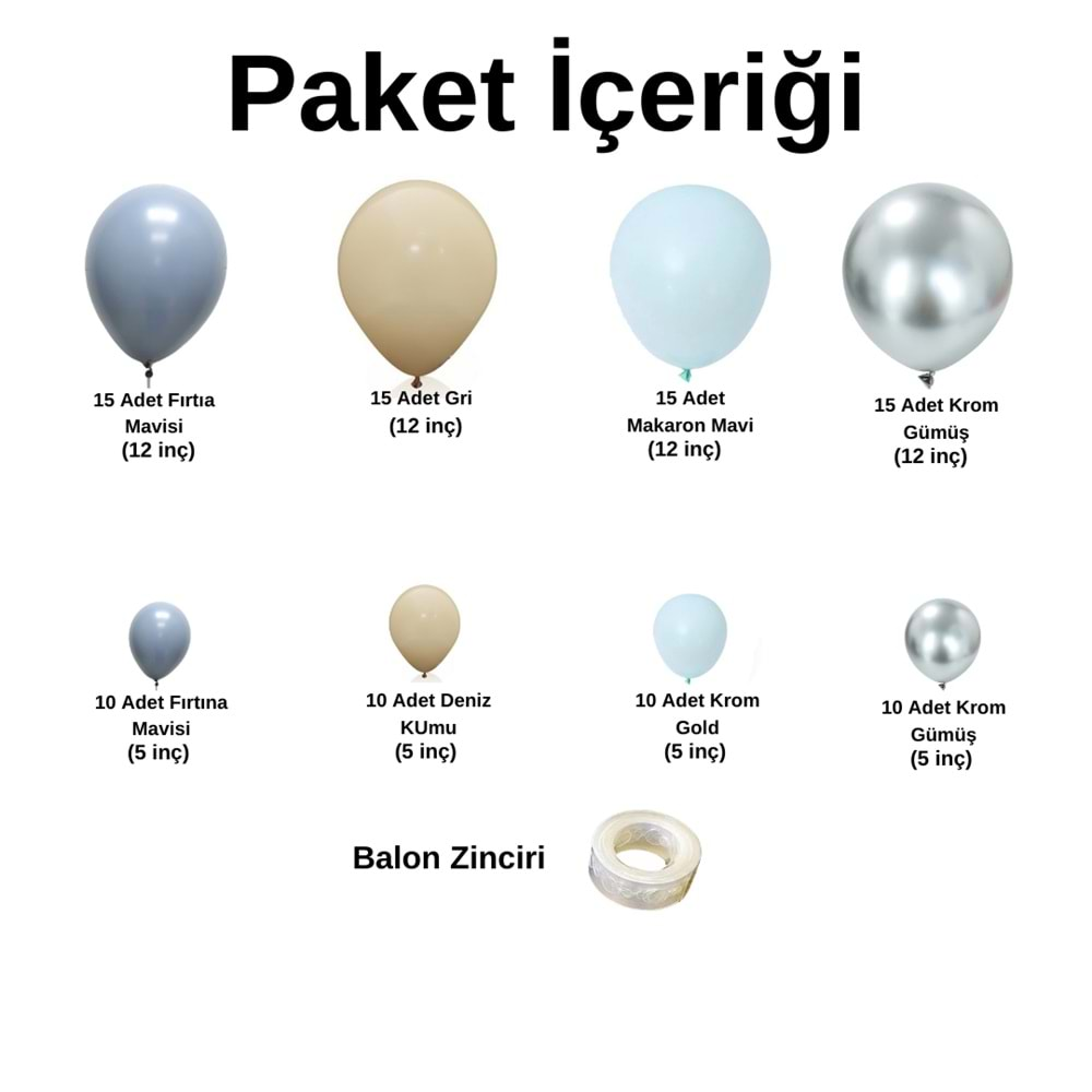 Balon Seti Fırtına Mavi-Pastel Gri-Makaron Mavi-Krom Gümüş 100 Lü Balon Zinciri Seti