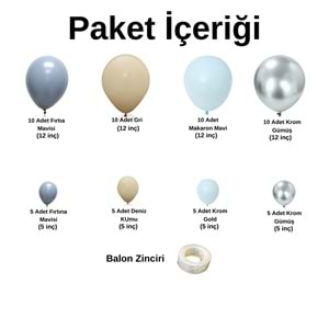 Balon Seti Fırtına Mavi-Pastel Gri-Makaron Mavi-Krom Gümüş 60 Lı Balon Zinciri Seti