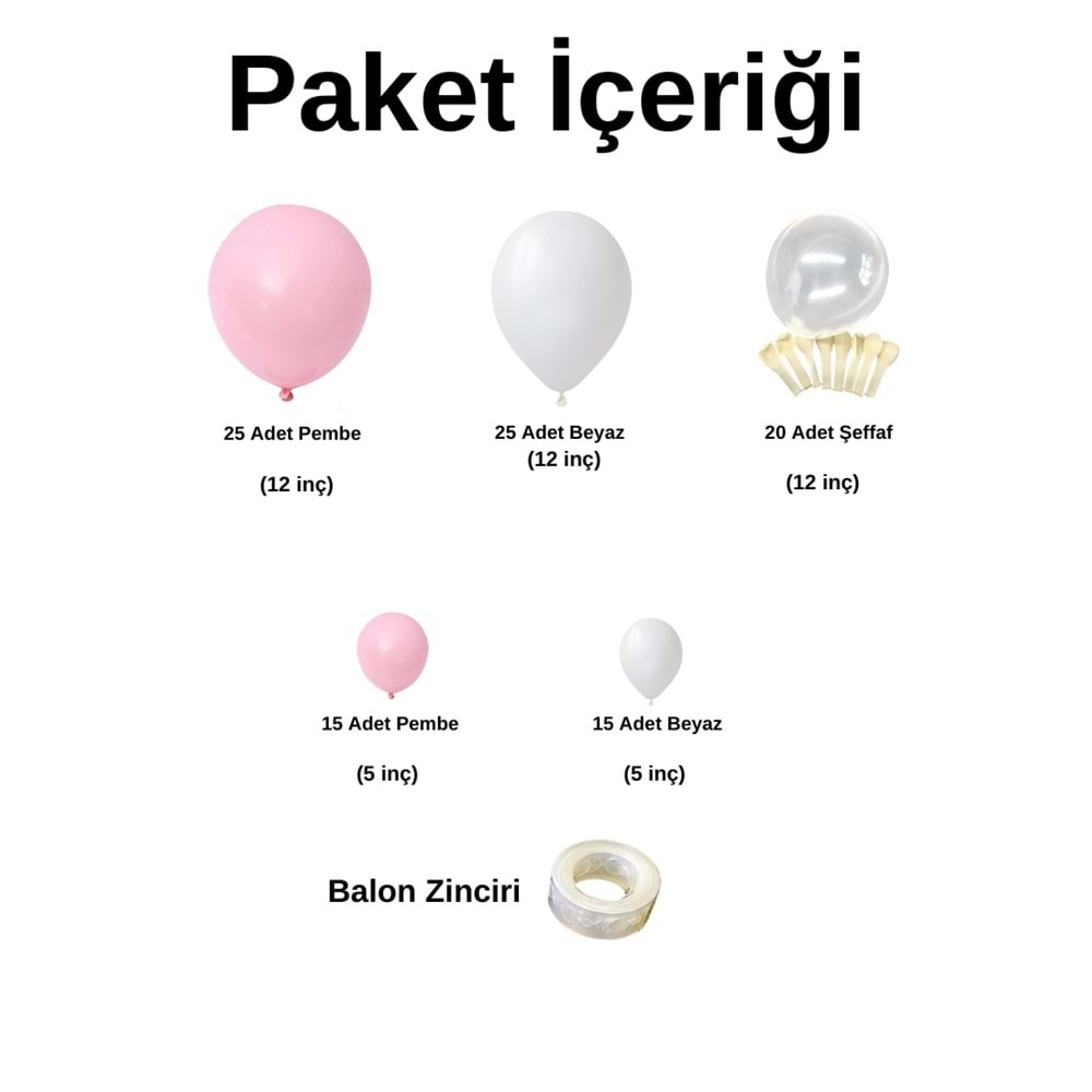 Balon Seti Beyaz-Pembe-Şeffaf 100 Lü Balon Zinciri Seti