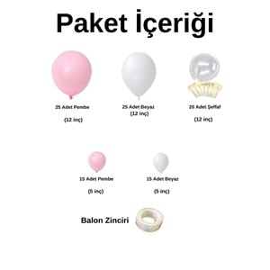 Balon Seti Beyaz-Pembe-Şeffaf 100 Lü Balon Zinciri Seti