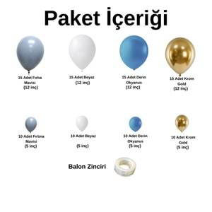 Balon Seti Beyaz-Fırtına Mavi-Krom Gold-Derin Okyanus 100 Lü Balon Zinciri Seti