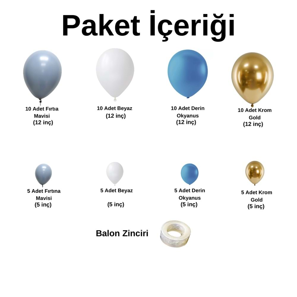 Balon Seti Beyaz-Fırtına Mavi-Krom Gold-Derin Okyanus 60 Lı Balon Zinciri Seti