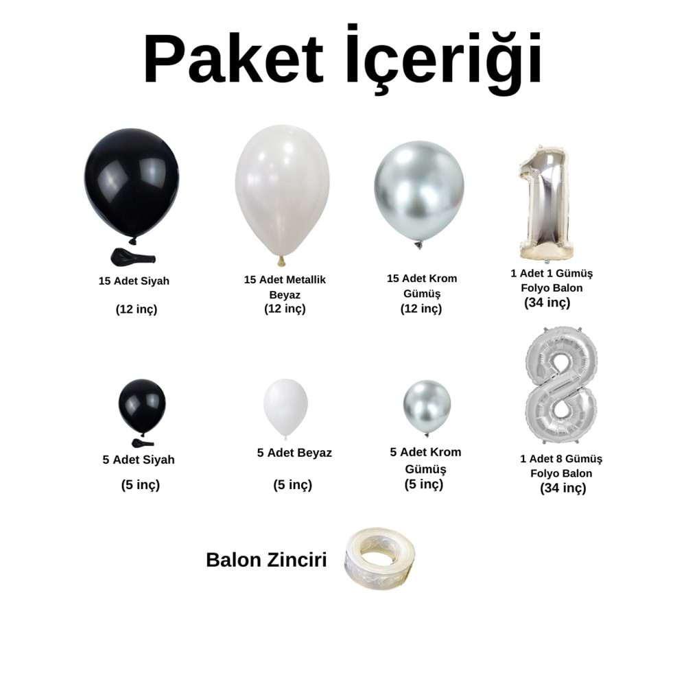 Balon Seti 18 Gümüş Folyo Balon-Siyah-Krom Gümüş-Metalik Beyaz 60 Lı Balon Zinciri Seti