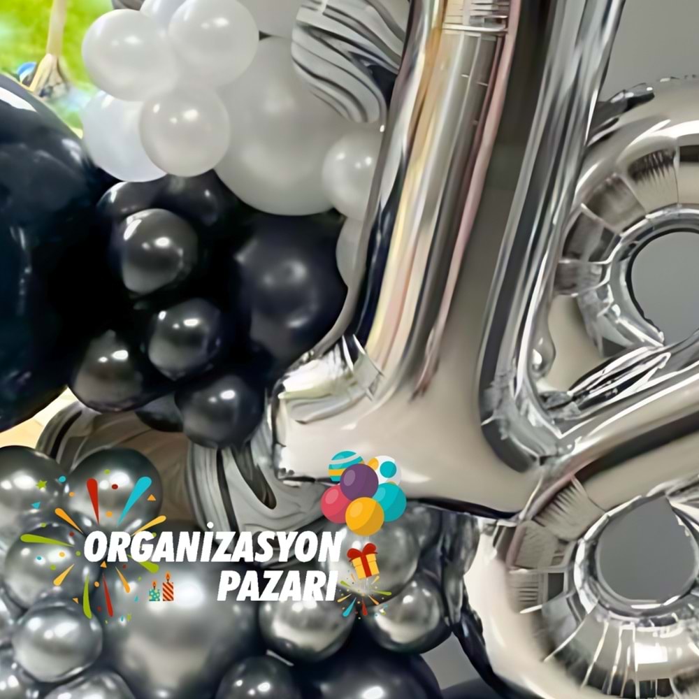 Balon Seti 18 Gümüş Folyo Balon-Siyah-Krom Gümüş-Metalik Beyaz 100 Lü Balon Zinciri Seti