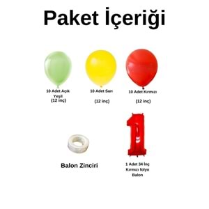 Mini Zincir Balon Seti Açık Yeşil-Sarı-Kırmızı-1 34 inç Kırmızı Folyo Balon 30 Adet +Balon Şeridi