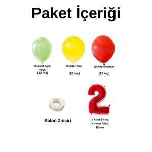 2 Yaş Doğum Günü Seti Açık Yeşil-Sarı-Kırmızı 30 Lu (Kırmızı)