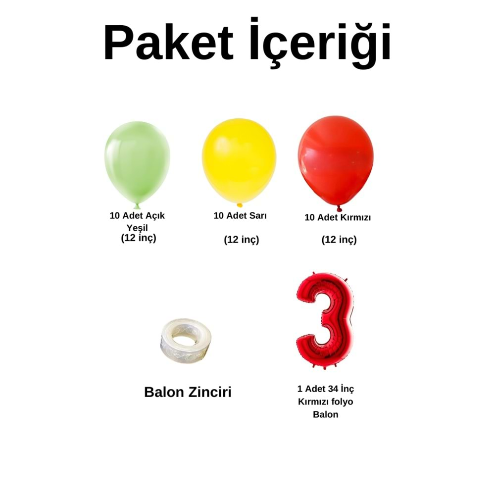 3 Yaş Doğum Günü Seti Açık Yeşil-Sarı-Kırmızı 30 Lu (Kırmızı)