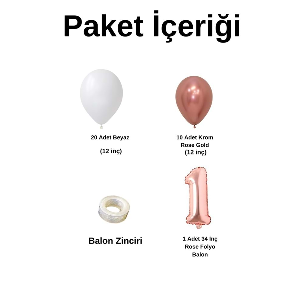 Mini Zincir Balon Seti Beyaz-Krom Rose Gold+1 34inç Rose Gold Folyo 30 Adet +Balon Şeridi