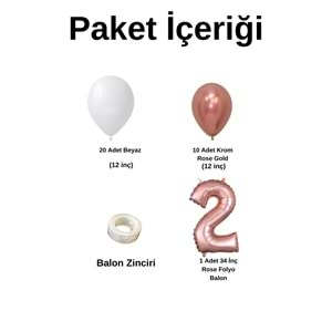 Mini Zincir Balon Seti Beyaz-Krom Rose Gold+2 34inç Rose Gold Folyo 30 Adet +Balon Şeridi