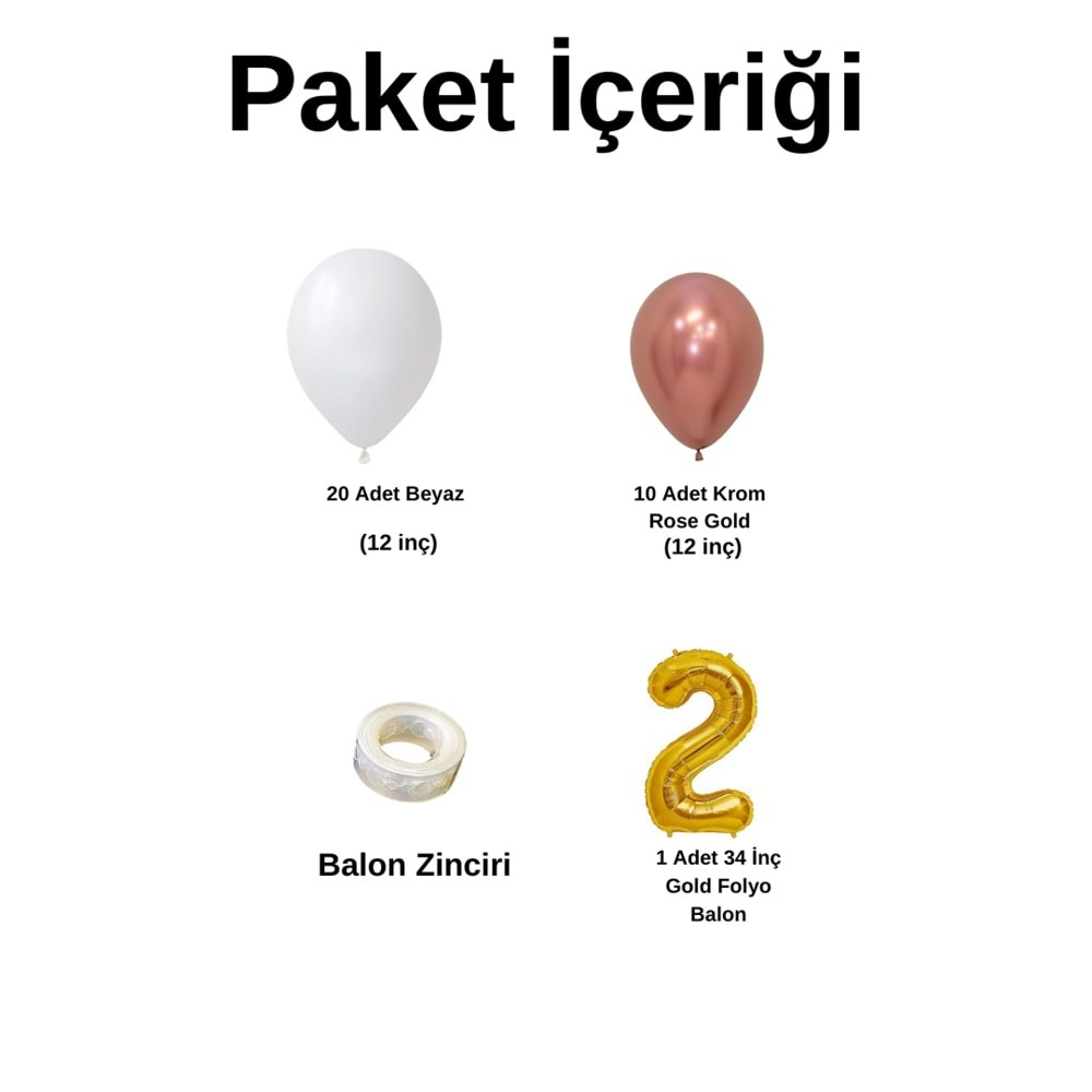 2 Yaş Doğum Günü Seti Beyaz-Krom Rose Gold 30 lu (Gold)