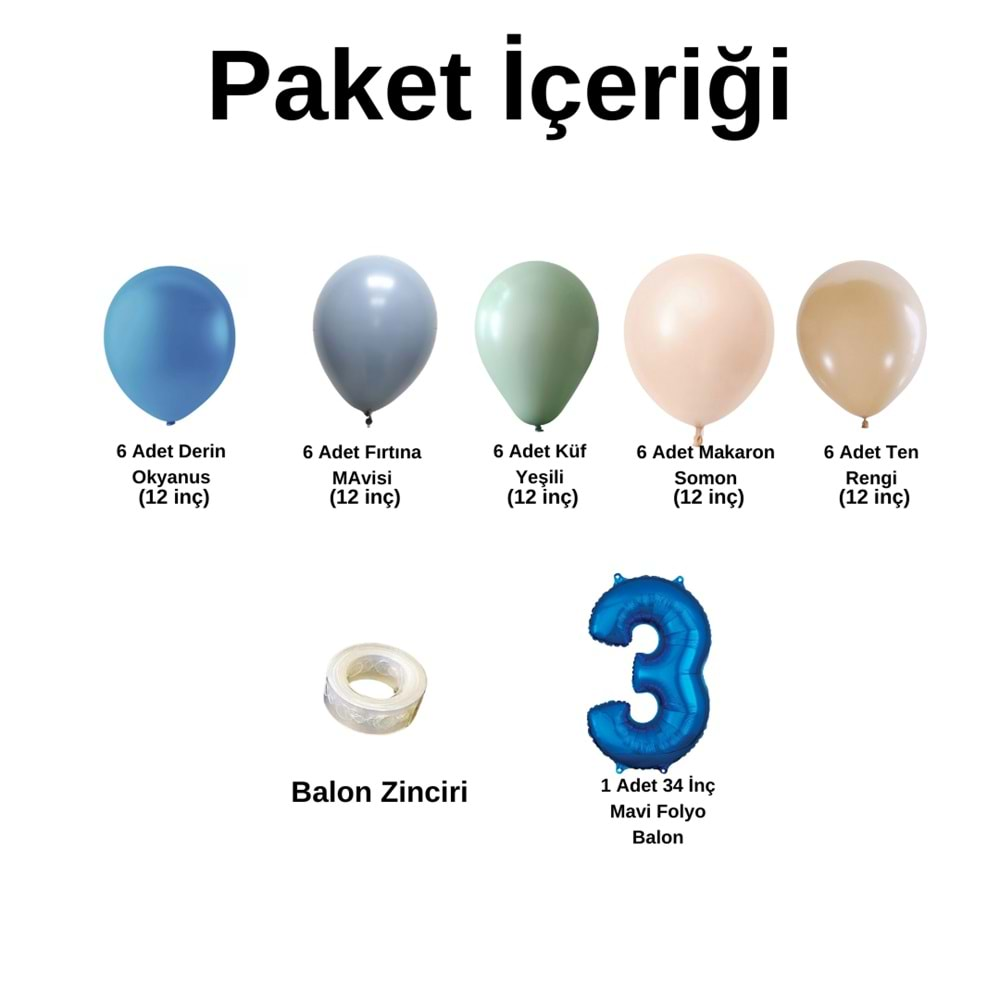 3 Yaş Doğum Günü Seti Derin Okyanus-Fırtına Mavisi-Küf yeşili-Makaron Somon-Ten Rengi 30 lu (Mavi)