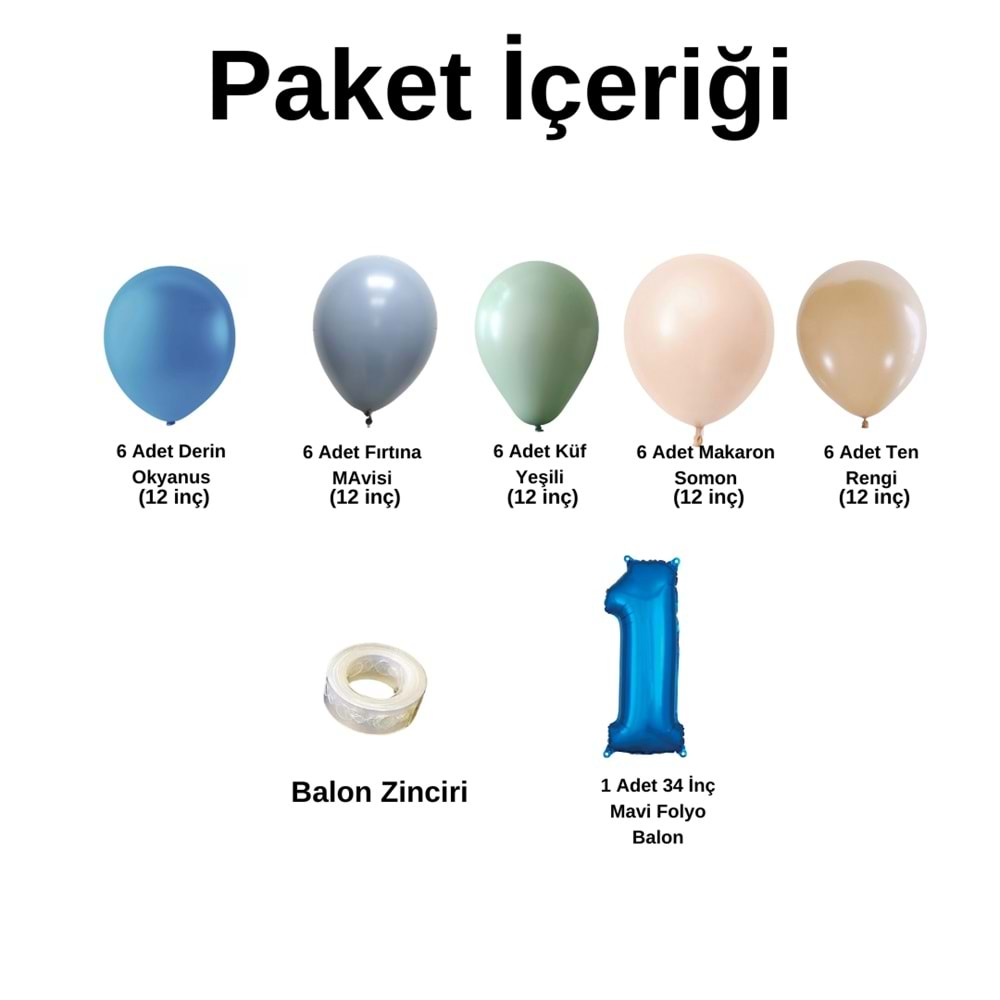 1 Yaş Doğum Günü Seti Derin Okyanus-Fırtına Mavisi-Küf yeşili-Makaron Somon-Ten Rengi 30 lu (Mavi)