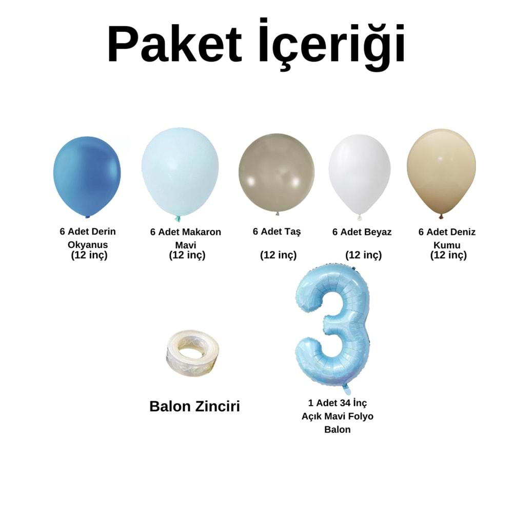 3 Yaş Doğum Günü Seti Derin Okyanus-Makaron Mavi-Taş-Beyaz-Deniz Kumu 30 lu (Açık Mavi)