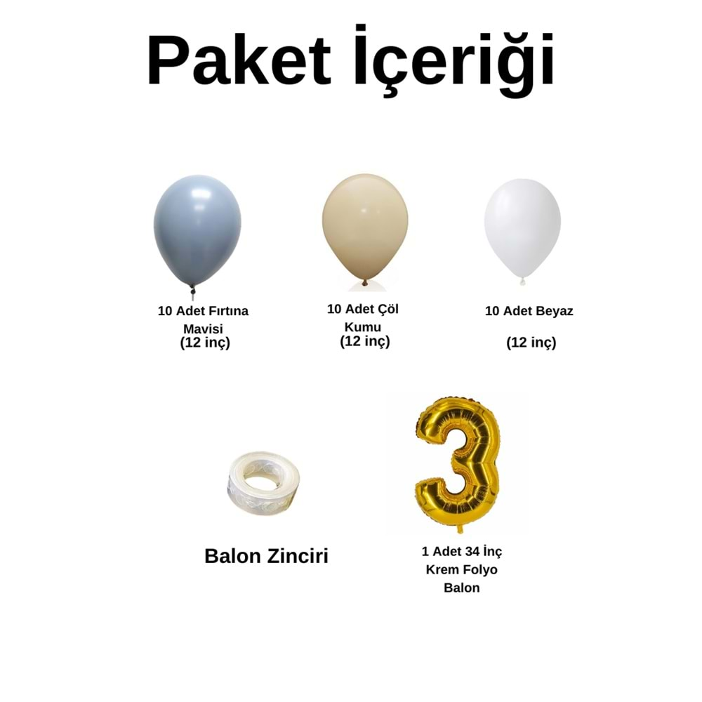 3 Yaş Doğum Günü Seti Fırtına Mavi-Beyaz-Çöl Kumu 30 lu (Gold)