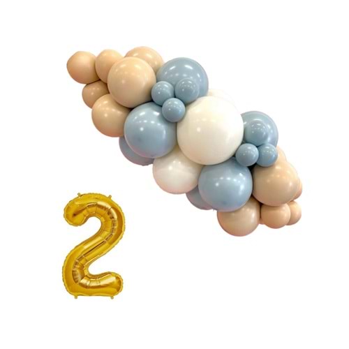 Mini Zincir Balon Seti Fırtına Mavisi-Çöl Kumu-Beyaz+2 34 inç Gold Folyo Balon 30 Adet +Balon Şeridi