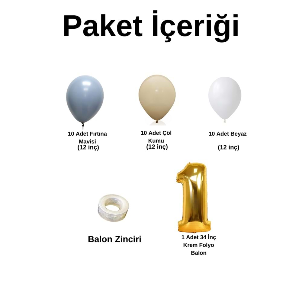 1 Yaş Doğum Günü Seti Fırtına Mavi-Beyaz-Çöl Kumu 30 lu (Gold)