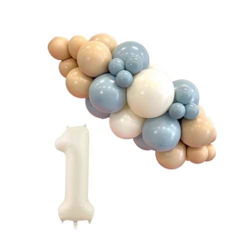 Mini Zincir Balon Seti Fırtına Mavisi-Çöl Kumu-Beyaz+1 34 inç Krem Folyo Balon 30 Adet +Balon Şeridi