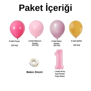 1 Yaş Doğum Günü Seti Fuşya-Makaron Pembe-Retro Pembe-Şeftali 30 lu (Açık Pembe)