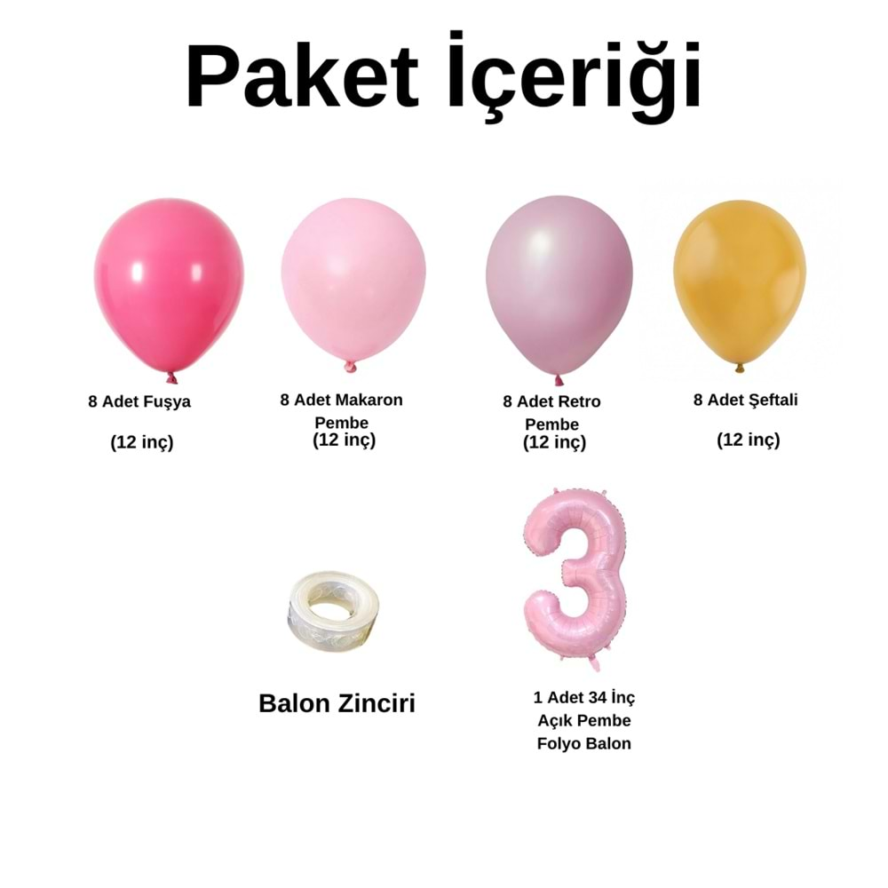 3 Yaş Doğum Günü Seti Fuşya-Makaron Pembe-Retro Pembe-Şeftali 30 lu (Açık Pembe)