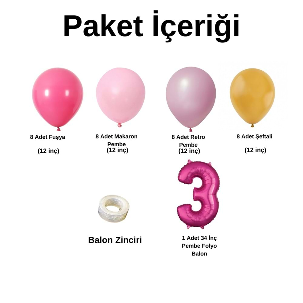 3 Yaş Doğum Günü Seti Fuşya-Makaron Pembe-Retro Pembe-Şeftali 30 lu (Pembe)