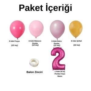 2 Yaş Doğum Günü Seti Fuşya-Makaron Pembe-Retro Pembe-Şeftali 30 lu (Pembe)