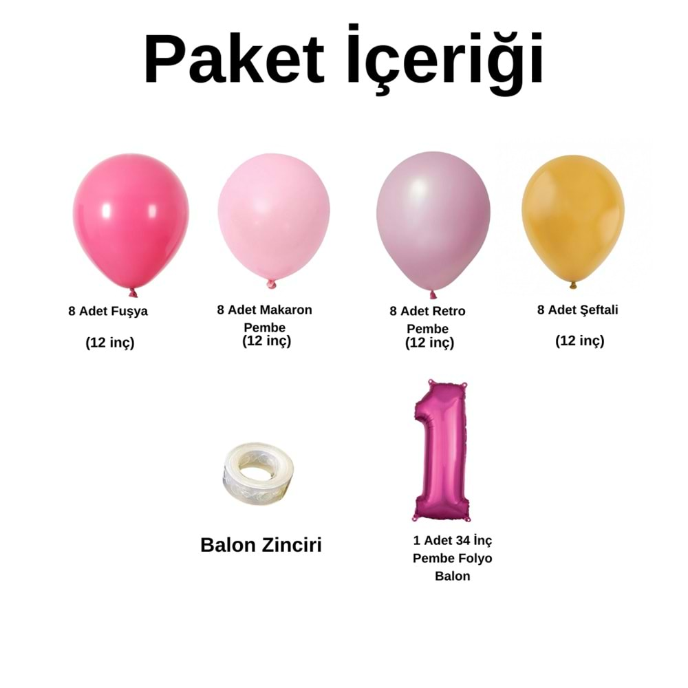 1 Yaş Doğum Günü Seti Fuşya-Makaron Pembe-Retro Pembe-Şeftali 30 lu (Pembe)