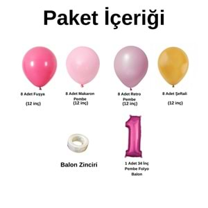 1 Yaş Doğum Günü Seti Fuşya-Makaron Pembe-Retro Pembe-Şeftali 30 lu (Pembe)