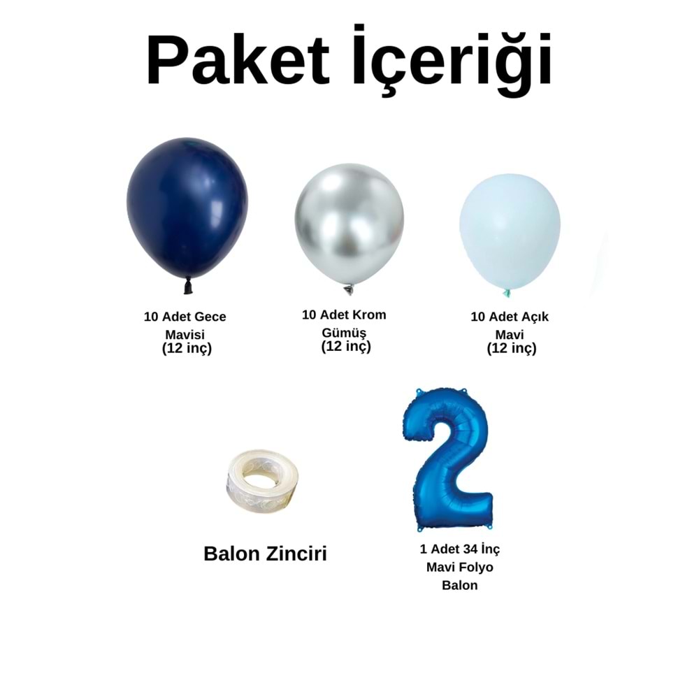 2 Yaş Doğum Günü Seti Gece Mavisi-Krom Gümüş-Açık Mavi 30 lu (Mavi)