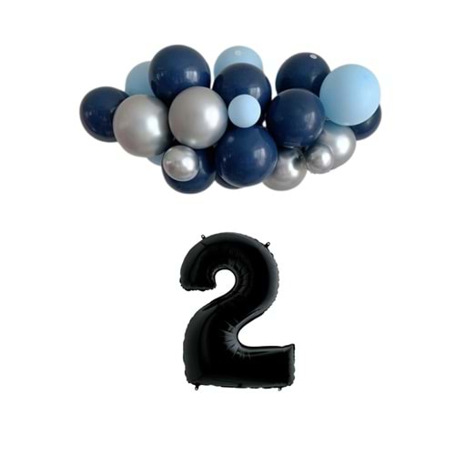 Mini Zincir Balon Seti Gece Mavisi-Krom Gümüş-Açık Mavi+2 34inç Siyah Folyo 30 Adet +Balon Şeridi