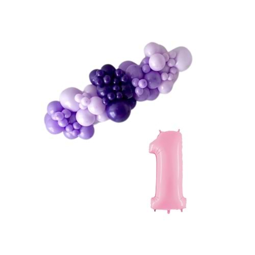 Mini Zincir Balon Seti Lila-MakaronLila-Mor+1 34 inç Açık Pembe Folyo Balon 30 Adet +Balon Şeridi