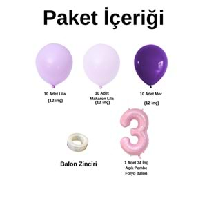 3 Yaş Doğum Günü Seti Lila-Makaron Lila-Mor 30 lu (Açık Pembe)