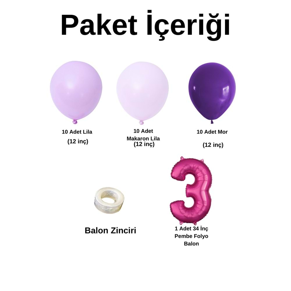 3 Yaş Doğum Günü Seti Lila-Makaron Lila-Mor 30 lu (Pembe)