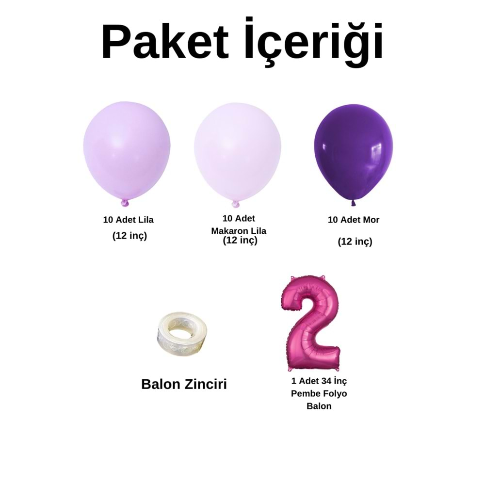 2 Yaş Doğum Günü Seti Lila-Makaron Lila-Mor 30 lu (Pembe)