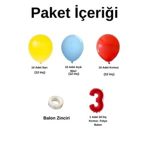 3 Yaş Doğum Günü Seti Sarı-Açık Mavi-Kırmızı 30 lu (Kırmızı)