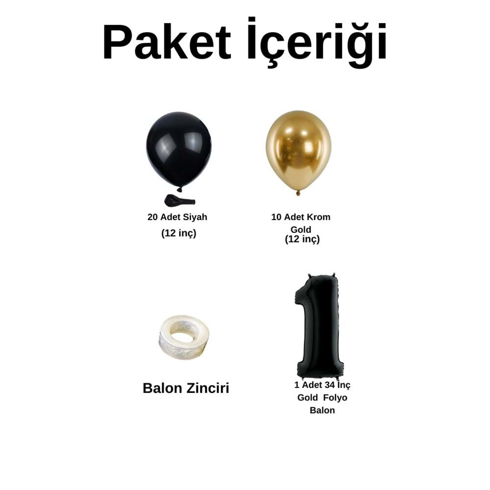 1 Yaş Doğum Günü Seti Siyah-Krom gold 30 lu (Siyah)