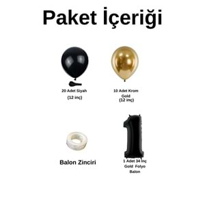 1 Yaş Doğum Günü Seti Siyah-Krom gold 30 lu (Siyah)