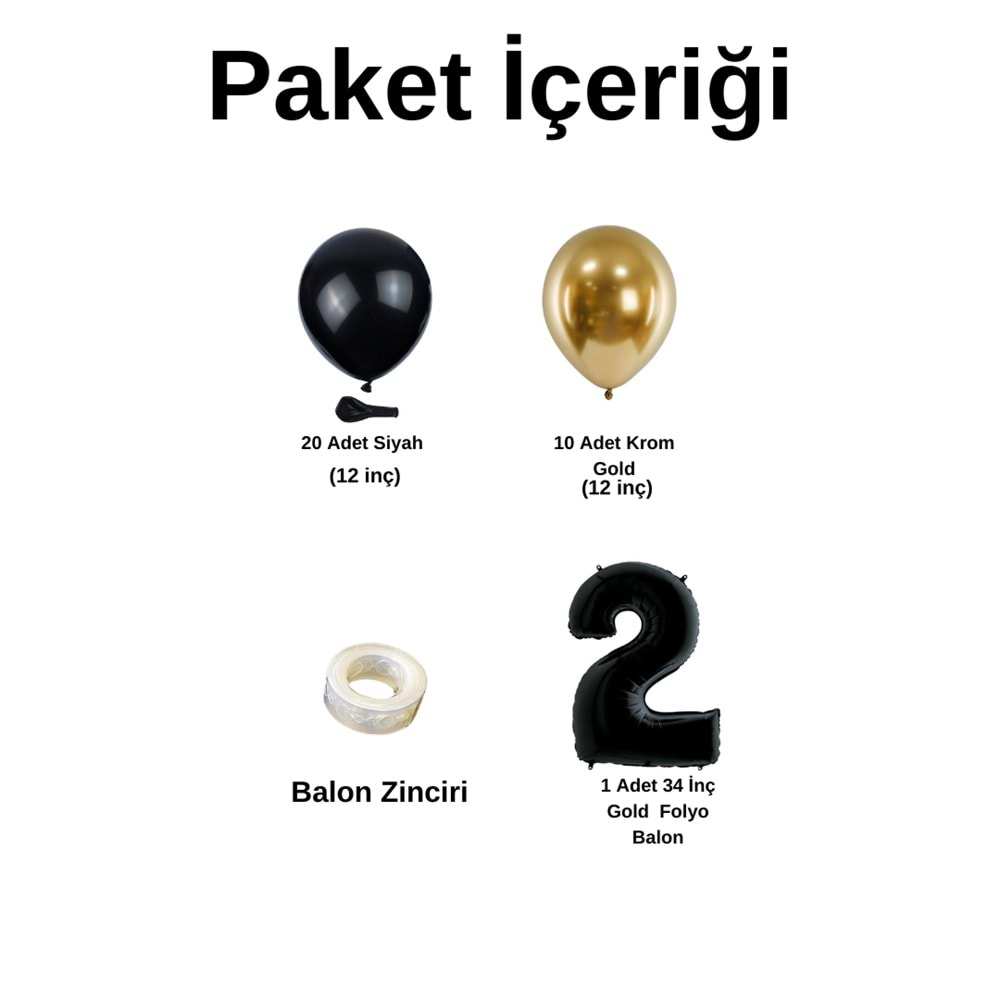 2 Yaş Doğum Günü Seti Siyah-Krom gold 30 lu (Siyah)