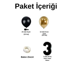 3 Yaş Doğum Günü Seti Siyah-Krom gold 30 lu (Siyah)