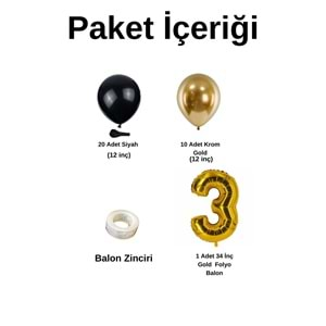 3 Yaş Doğum Günü Seti Siyah-Krom gold 30 lu (Gold)