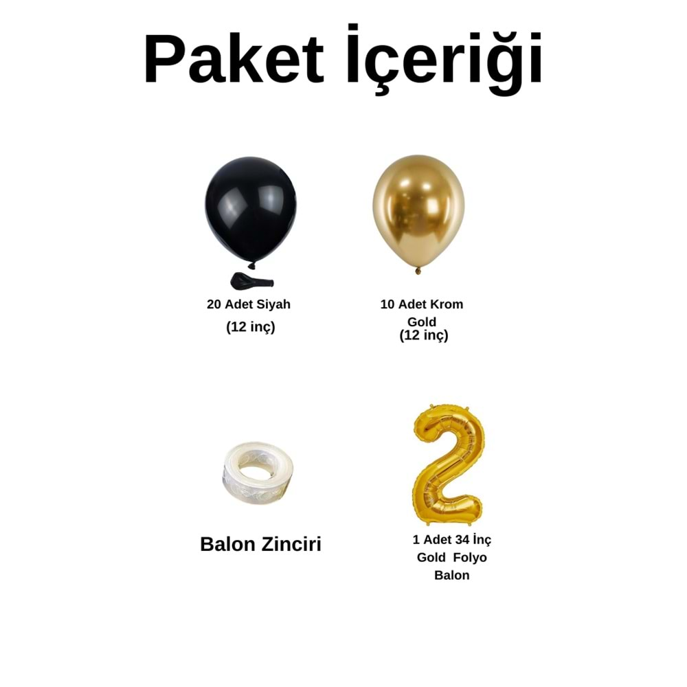 2 Yaş Doğum Günü Seti Siyah-Krom gold 30 lu (Gold)