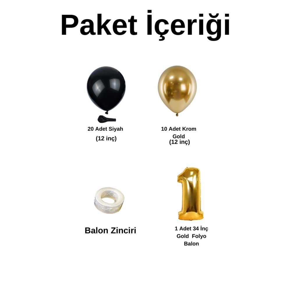 1 Yaş Doğum Günü Seti Siyah-Krom gold 30 lu (Gold)