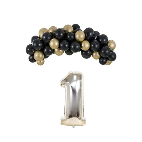 Mini Zincir Balon Seti Siyah-Krom gold+1 34inç Gümüş Folyo 30 Adet +Balon Şeridi