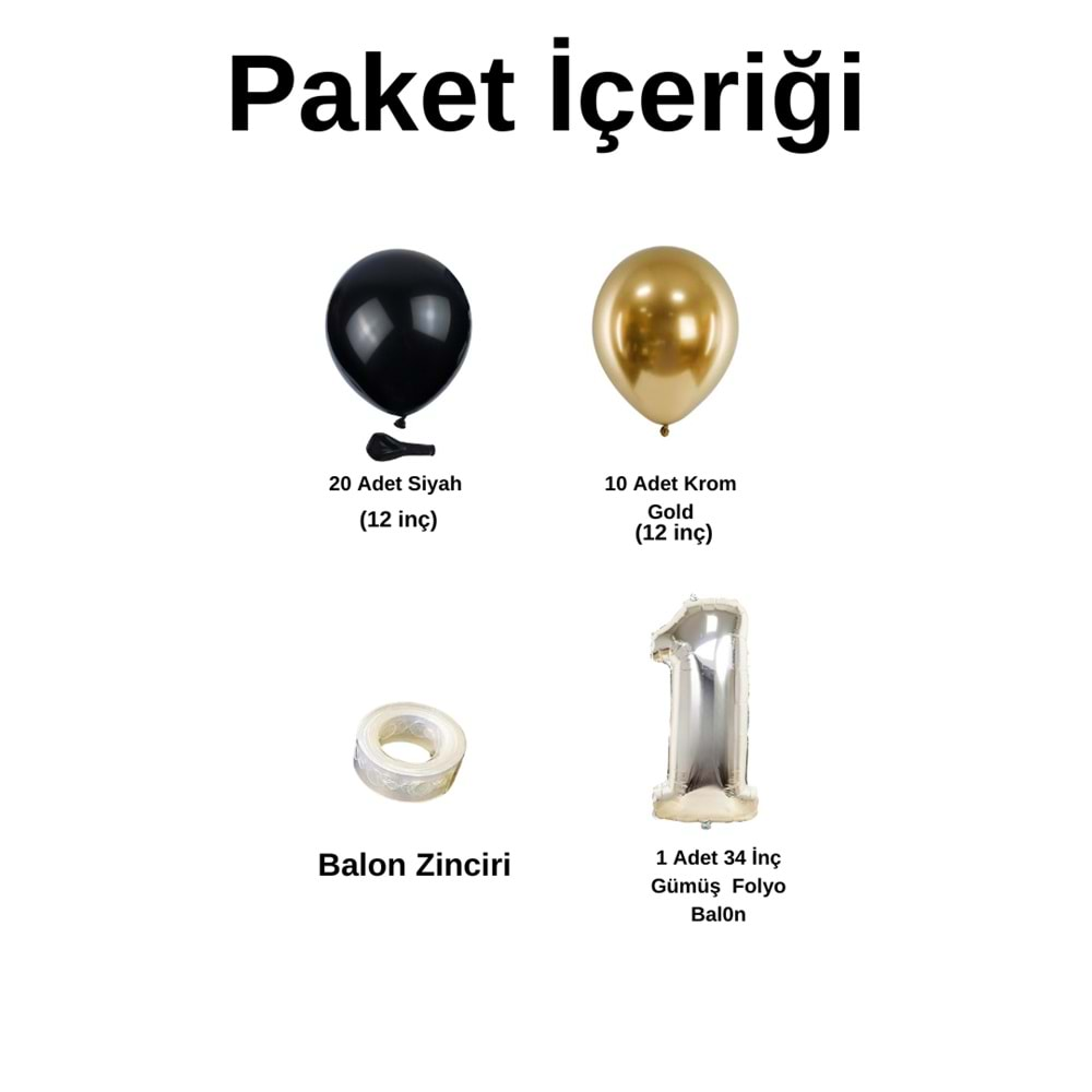 1 Yaş Doğum Günü Seti Siyah-Krom gold 30 lu (Gümüş)