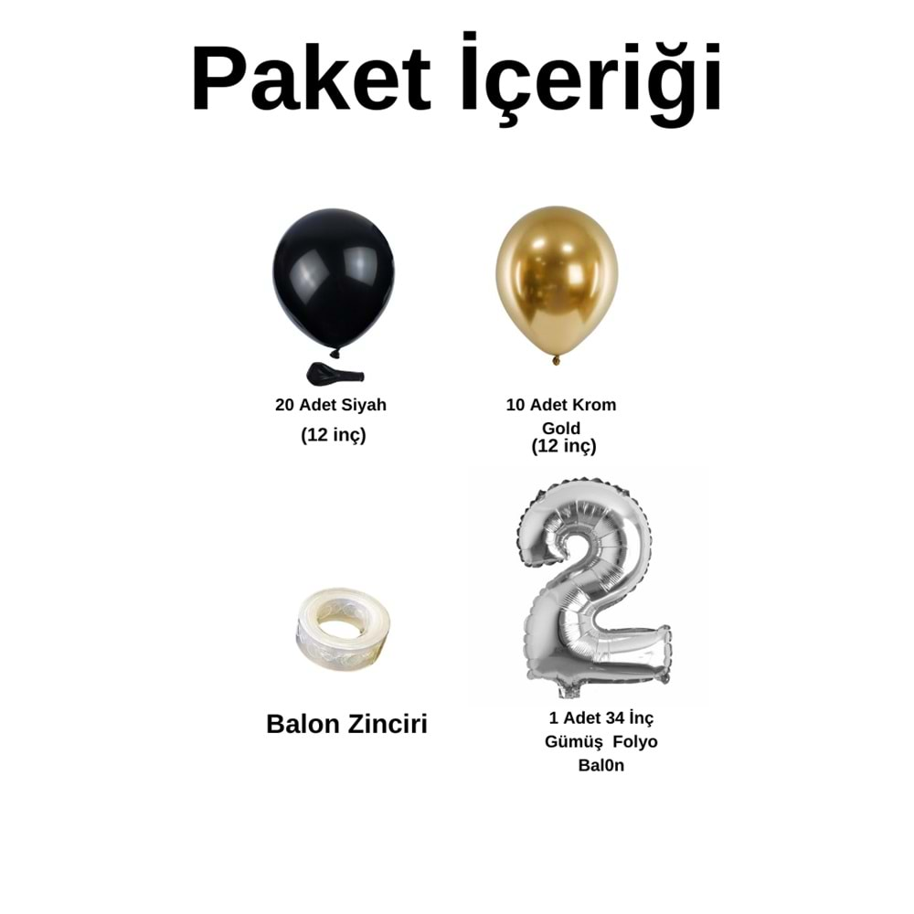 2 Yaş Doğum Günü Seti Siyah-Krom gold 30 lu (Gümüş)