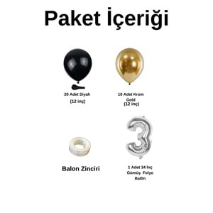 3 Yaş Doğum Günü Seti Siyah-Krom gold 30 lu (Gümüş)