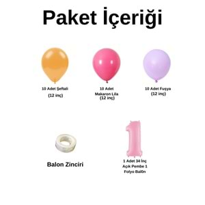 1 Yaş Doğum Günü Seti Şeftali-Fuşya-Makaron Lila 30 lu (Açık Pembe)