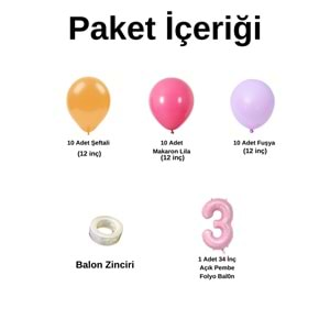 3 Yaş Doğum Günü Seti Şeftali-Fuşya-Makaron Lila 30 lu (Açık Pembe)