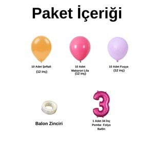 3 Yaş Doğum Günü Seti Şeftali-Fuşya-Makaron Lila 30 lu (Pembe)